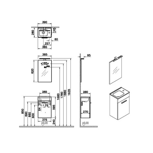 Комплект мебели Vitra Mia 40, тумба с дверцами + раковина + зеркало, белый глянец