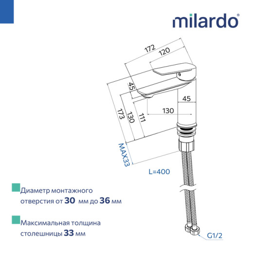 Смеситель для умывальника, хром глянцевый, Poli, Milardo (POLSB00M01)