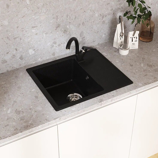 Мойкa MIXLINE МЛ-ГМУ05 (ML-GMU05) УЛЬТРА с крылом, черный камень, 575*495 мм (глуб. чаши 190) (556728)