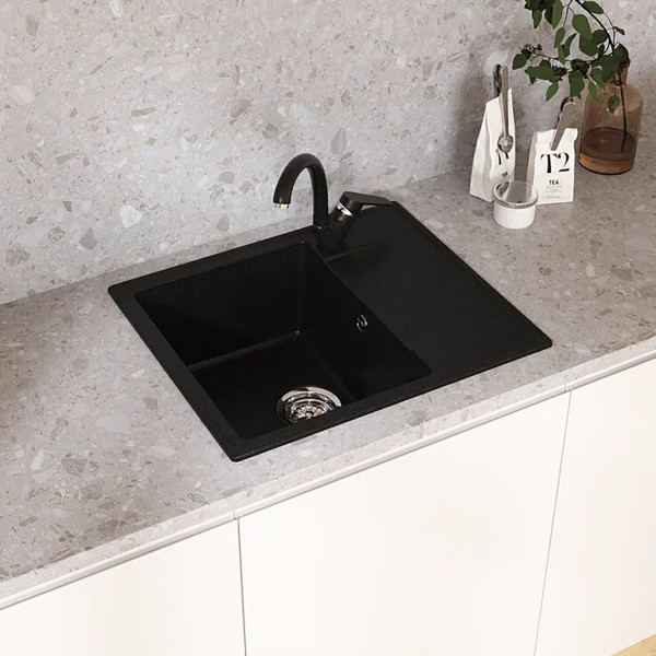 Мойкa MIXLINE МЛ-ГМУ05 (ML-GMU05) УЛЬТРА с крылом, черный камень, 575*495 мм (глуб. чаши 190) (556728)
