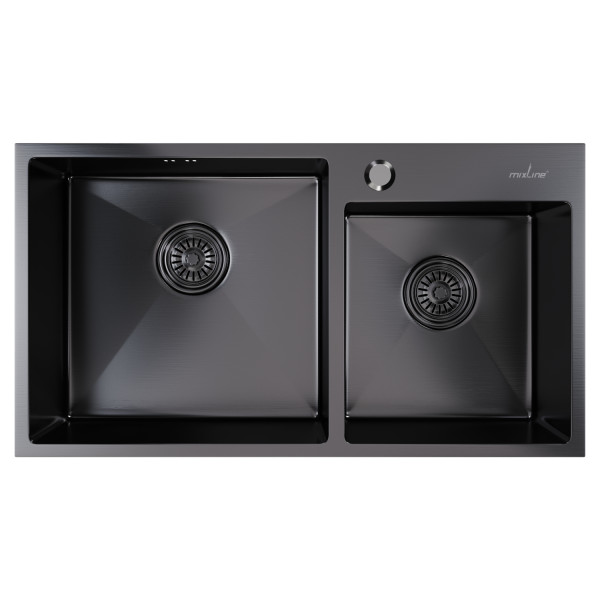 Мойка настол.монтаж 72х40 (3,0) 2-х ЧАШЕВАЯ вып 3 1/2 MIXLINE PRO 22см с сифоном (черный графит) (547241)