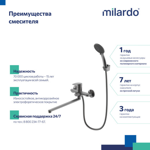 Смеситель для ванны Milardo Рора (Rora) с длинным изливом, графит матовый (RORGM00M10)