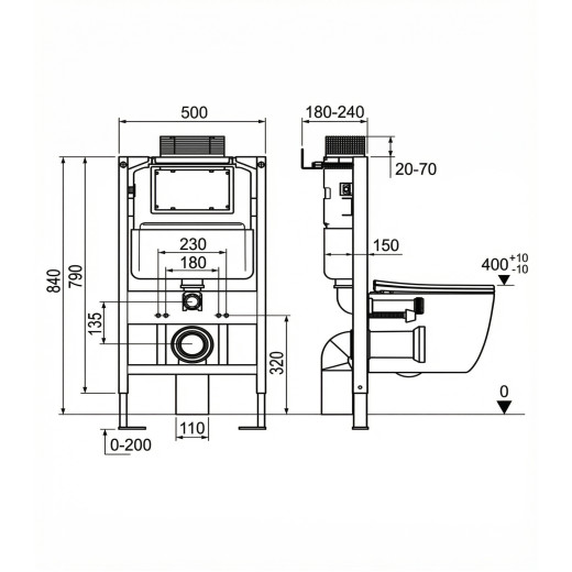 Система инсталляции WAVE В-500/005П/W-500/005Pn compact универс, под кн спереди/сверху, пневм, 500мм (558319)