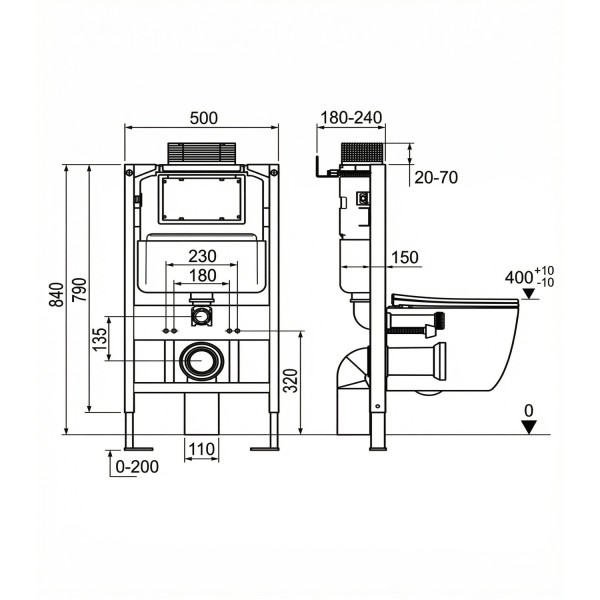 Система инсталляции WAVE В-500/005П/W-500/005Pn compact универс, под кн спереди/сверху, пневм, 500мм (558319)