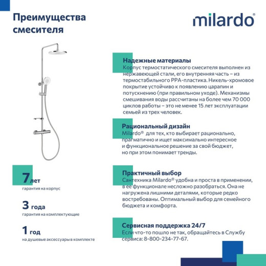 Смеситель термостатический для душа со стойкой и тропической лейкой Milardo Ideal Spa (ILSSBTHM89)