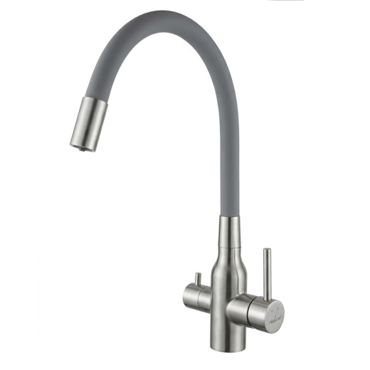 Смеситель для кухни 35k MIXLINE МЛНС-0403 (MLSS-0403) серый гиб.излив,подкл.к фильтру, п/гайку САТИН (558431)