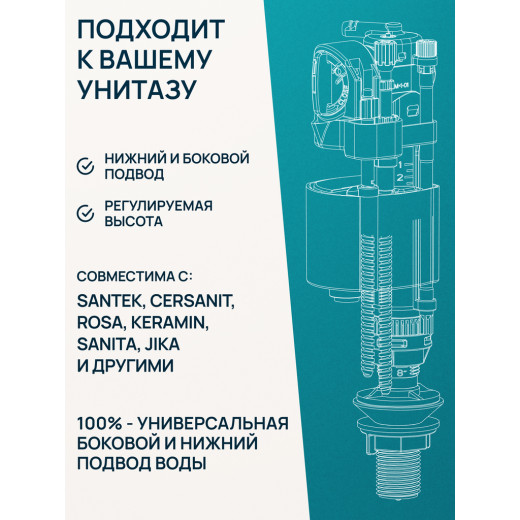 Арматура к смыв. бачку WAVE Варм.02 (WArm.02), хром кнопка (зал.клапан, унив., бок./нижн. подкл.1/2) (557749)