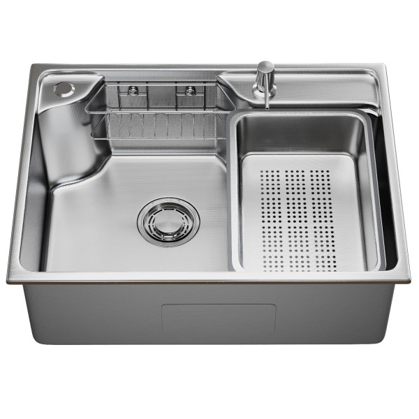 Мойка настол.монтаж MIXLINE ПРО 60х45 (1,0) вып 3 1/2" с ФАСКОЙ 21,5см с сиф.(сатин дек)+доз+кол+корз (558469)