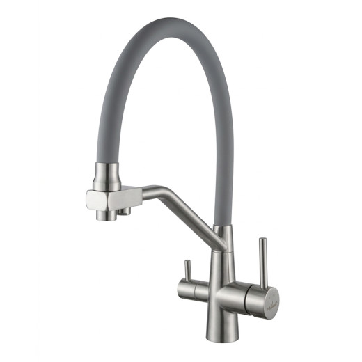 Смеситель для кухни 35k MIXLINE МЛНС-0404 (MLSS-0404) серый гиб.излив,подкл.к фильтру, п/гайку САТИН (558433)