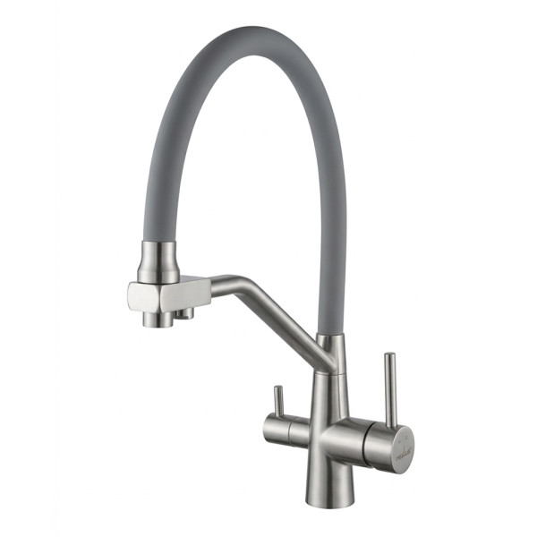 Смеситель для кухни 35k MIXLINE МЛНС-0404 (MLSS-0404) серый гиб.излив,подкл.к фильтру, п/гайку САТИН (558433)