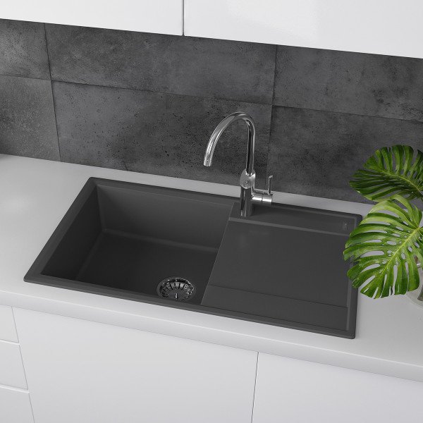 Кухонная мойка Lemark IMANDRA 840 врезная прямоугольная с крылом из кварцгранита цвет: Антрацит (9910031)