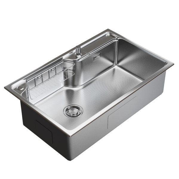 Мойка настол.монтаж MIXLINE ПРО 75х48 (1,0) вып 3 1/2" с ФАСКОЙ 21,5см с сиф.(сатин дек)+доз+кол+корз (558470)