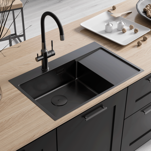 Кухонная мойка Lemark KEZADRA 780L прямоугольная с крылом из нержавеющей стали (чаша СЛЕВА) цвет: чёрный матовый (9932152)