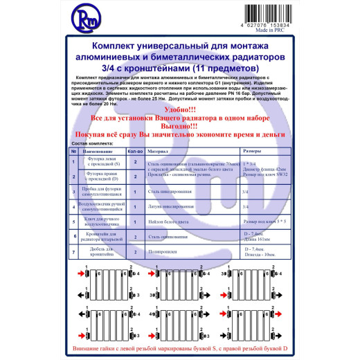 Комплект для радиатора RM 3/4 (11 предметов) (RM-KR3411)