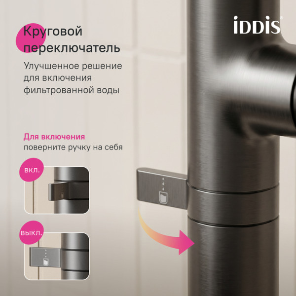 Смеситель для кухни IDDIS Спин (Spin) с каналом для фильтрованной воды и круговым дивертором, графит (SPNGMCFi05)