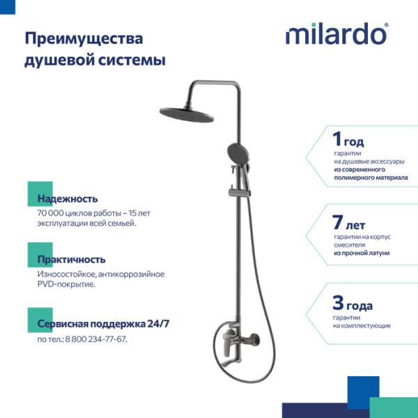 Смеситель для ванны с верхним душем, графит, Rora, Milardo, RORGM4FM06