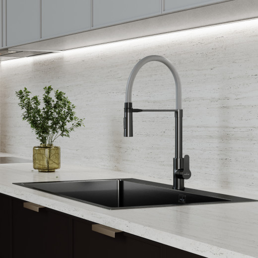 Смеситель для кухни 35k MIXLINE МЛНС-0402Г/MLSS-0402BL сер.гиб. излив магнит,п/гайку ЧЕРНЫЙ ГРАФИТ (556019)