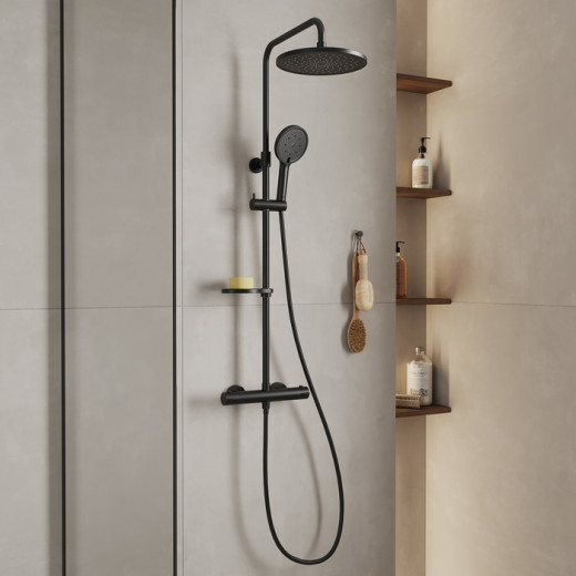 Смеситель термостатический для душа со стойкой и тропической лейкой Milardo Ideal Spa (ILSBLTHM89)