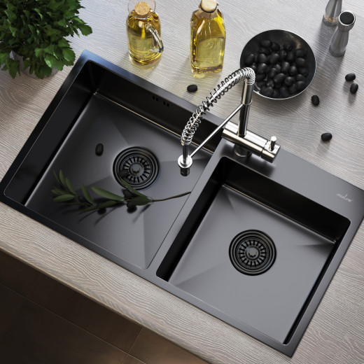 Мойка настол.монтаж 72х40 (3,0) 2-х ЧАШЕВАЯ вып 3 1/2  MIXLINE PRO 22см с сифоном (черный графит) (547241)