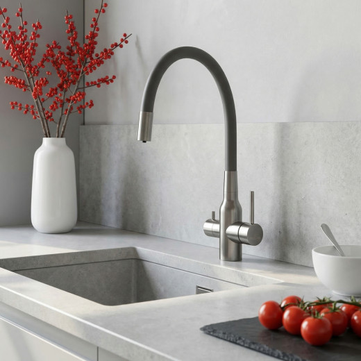 Смеситель для кухни 35k MIXLINE МЛНС-0403 (MLSS-0403) серый гиб.излив,подкл.к фильтру, п/гайку САТИН (558431)
