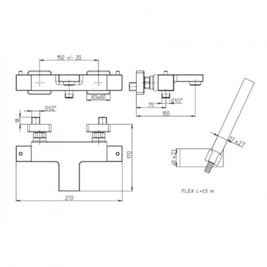 Смеситель для ванны Paini Dax с термостатом и аксессуаром 84CR105TH