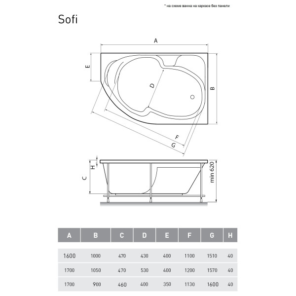 Ванна акриловая Relisan Sofi R 170х90