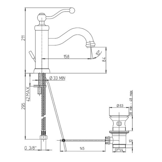 Смеситель для раковины Paini Duomo с донным клапаном, золото PVD