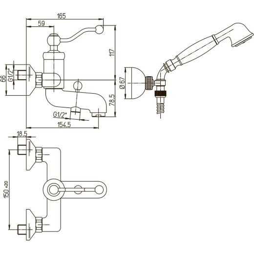 Смеситель для ванны Paini Duomo с аксессуаром, старая бронза