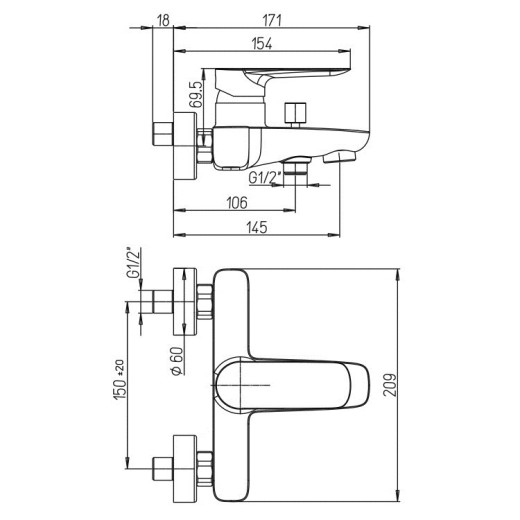 Смеситель для ванны Paini Nove без аксессуара, чёрный