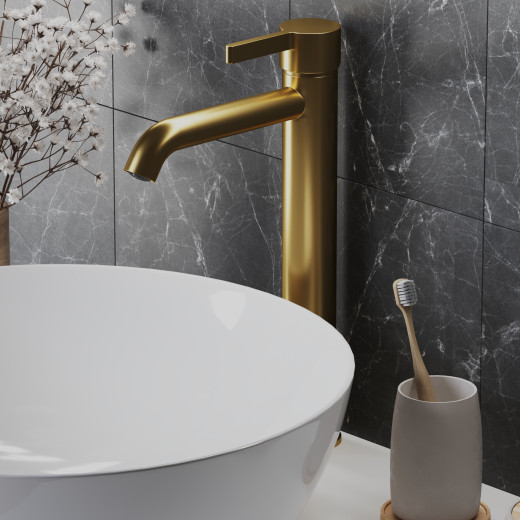 Смеситель для раковины Paini Brera без донного клапана, высокий, матовое золото PVD