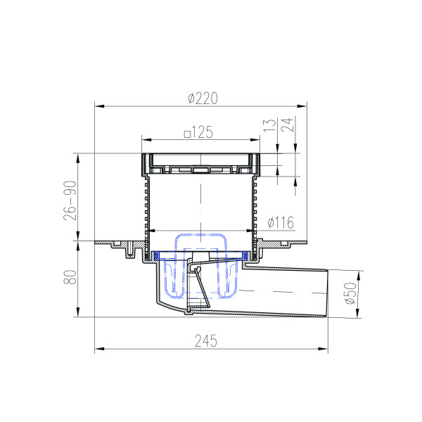 Душевой трап с решеткой под плитку Paini 125х125 мм