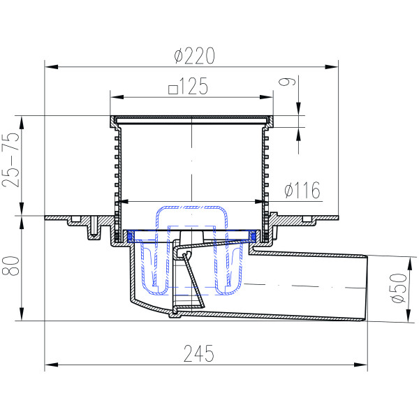 Душевой трап с решеткой Paini 125х125 мм, черный матовый