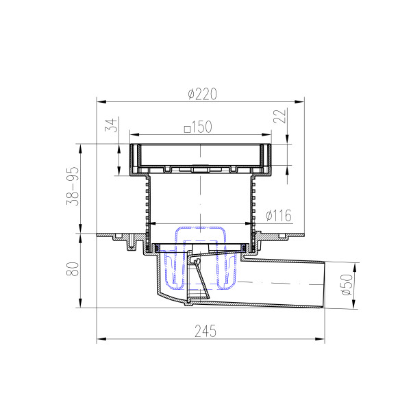 Душевой трап с решеткой под плитку Paini 150х150 мм