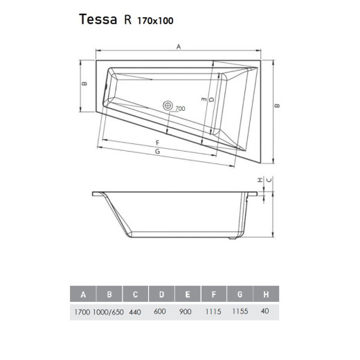 Ванна акриловая Vayer Tessa R 170х100