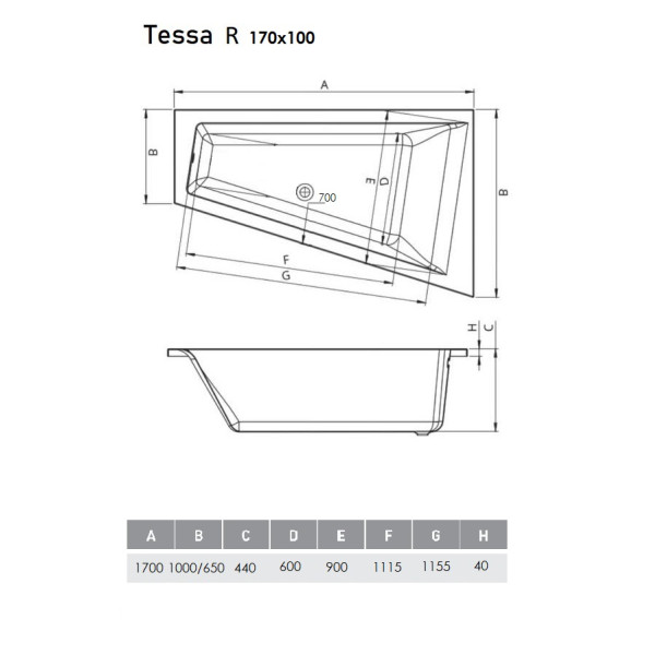 Ванна акриловая Vayer Tessa R 170х100