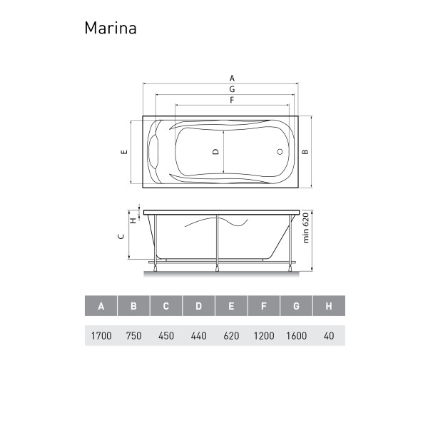 Гидромассажная ванна акриловая Relisan Marina 170x75