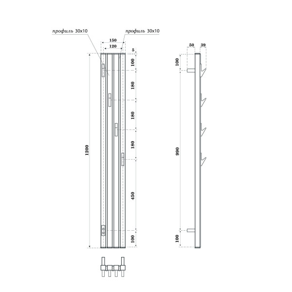 Полотенцесушитель электрический Point Пиано PN19722WB 150x1200 диммер слева, белый/черный