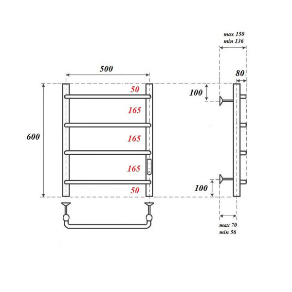 Полотенцесушитель электрический Point Ника PN08856 П4 500x600 диммер справа, хром