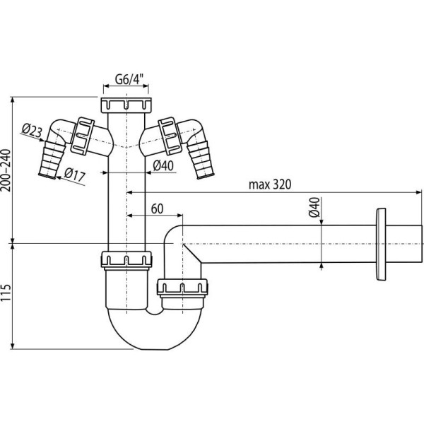 Сифон трубчатый с накидной гайкой 6/4" и двумя подводками, арт. A82-DN40
