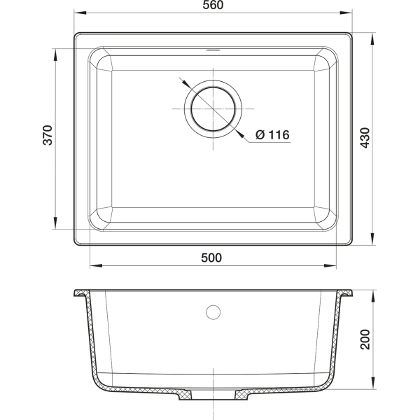 Кухонная мойка RIVELATO BERKANA 50 подст.монтаж 1-чаш 560*430 antracite