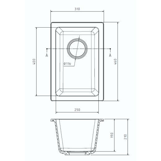 Кухонная мойка RIVELATO BERKANA 25  подст.монтаж 1-чаш 305*455 antracite
