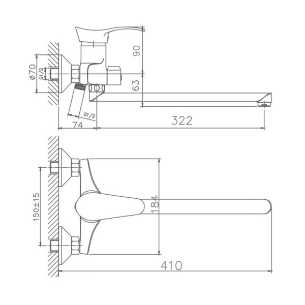 Смеситель для ванны HAIBA HB2201, длинный излив, латунь, хром