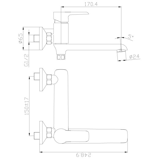 Смеситель Rossinka W35-33 одноручный (35 мм) с поворотным изливом 170 мм для ванны, хром/белый