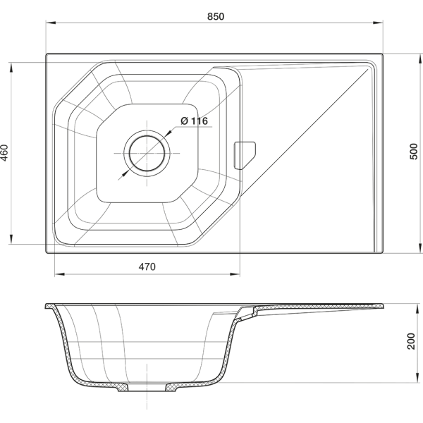 Кухонная мойка RIVELATO LOCUS 85  1-чаш 850*500 grigio metallizzato