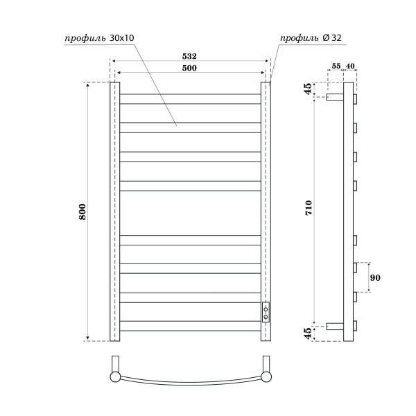 Полотенцесушитель электрический Point Антея PN17858W П8 500x800, диммер справа, белый