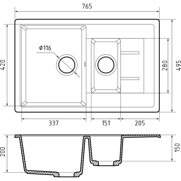 Мойка кухонная GranFest QUADRO GF-Q-775KL 1.5-чаш+крыло 765*495мм топаз, мрамор