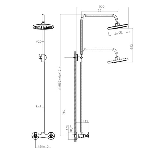 Смеситель Rossinka Q02-44 двуручный для душа с верхней душевой лейкой "Тропический дождь", хром