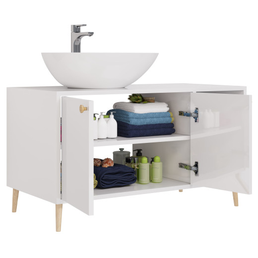 Тумба Dreja LUNO 100 см., напольная, 2 дверцы, 2 откр. полки, белый глянец