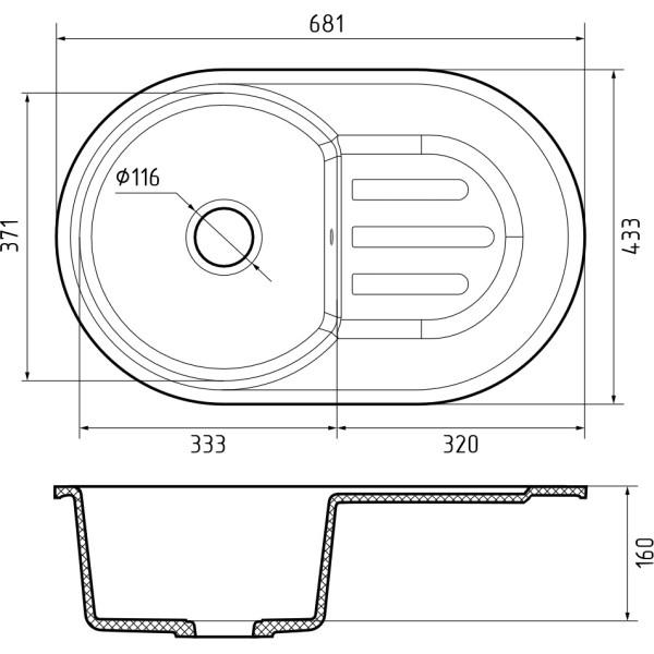 Мойка кухонная GranFest SMART 685L 1-чаш+кр 683*433 песочный