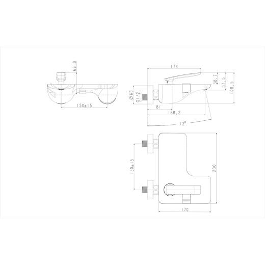 Смеситель Lemark Bellario LM6802C для ванны с монолитным изливом, настенный, хром